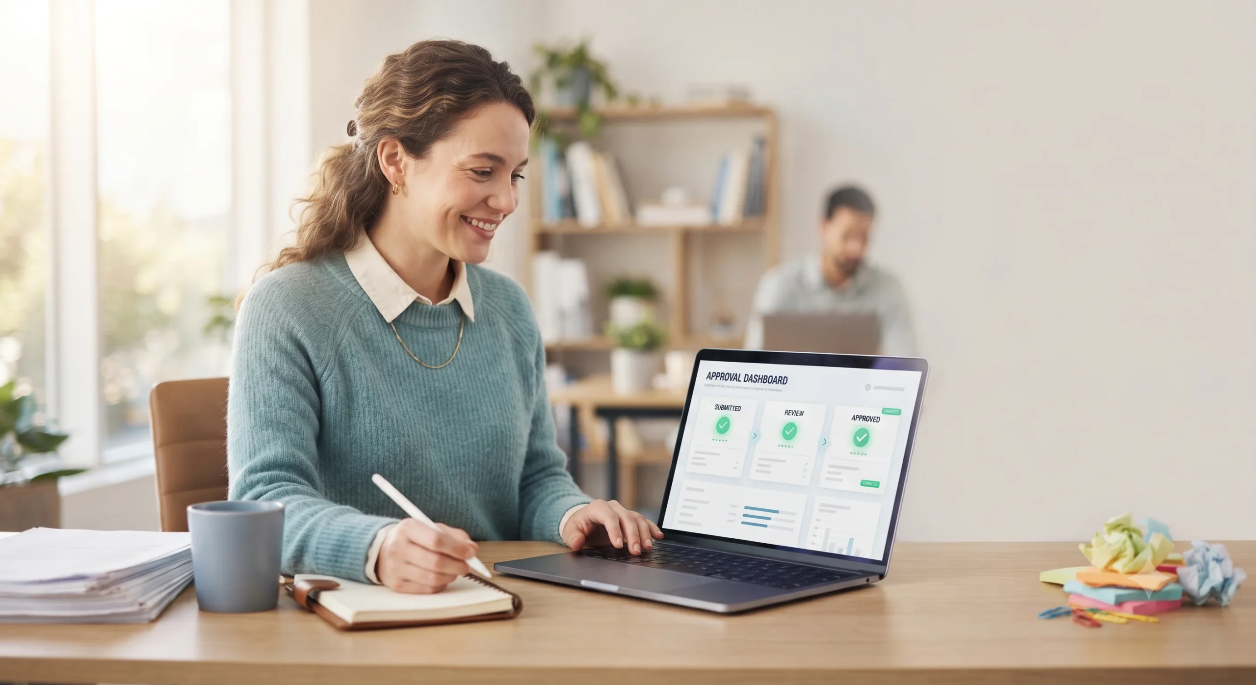 Smiling woman writing in a notebook while using an approval dashboard on a laptop at her desk.