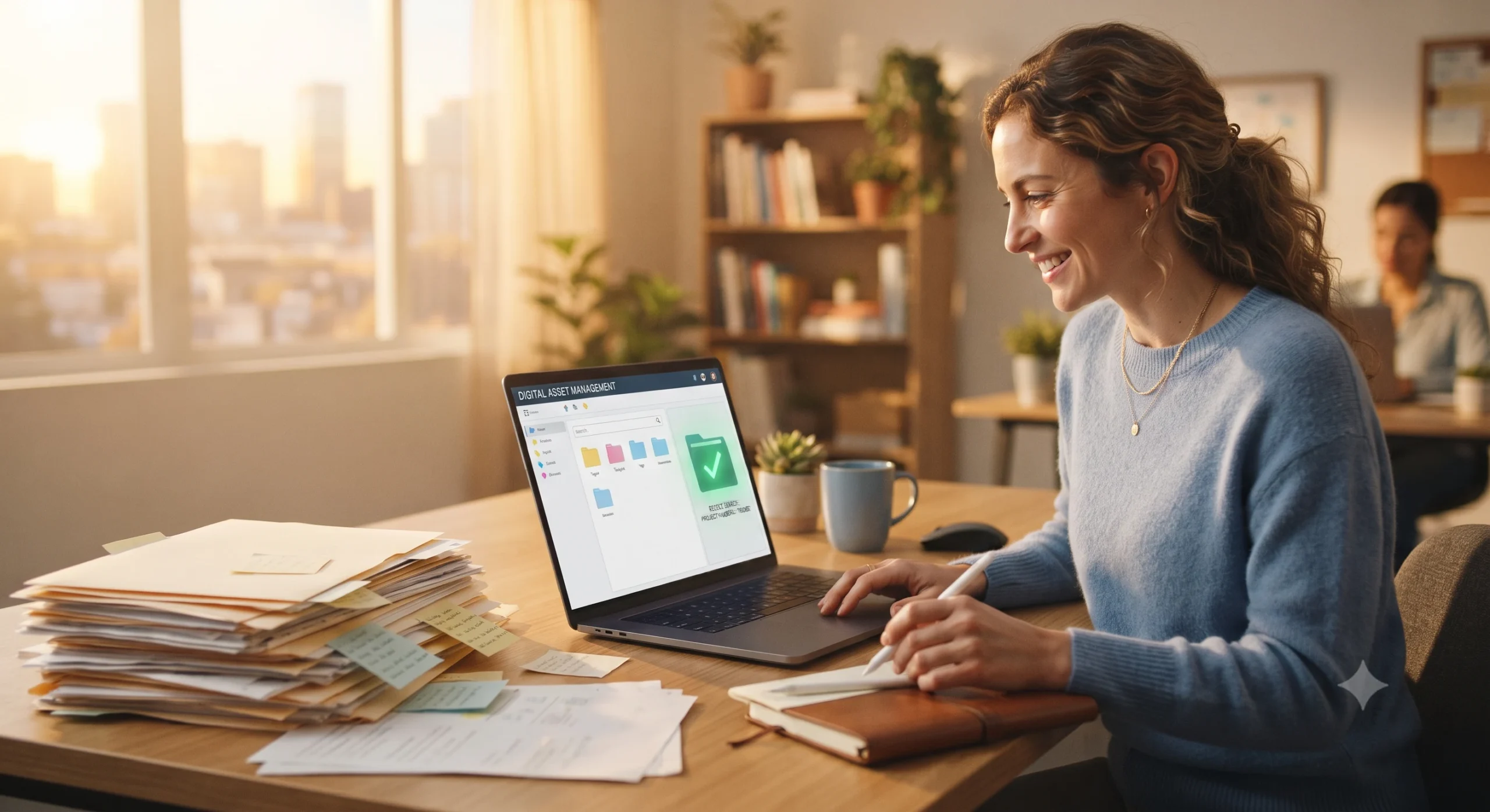 Smiling woman using a digital asset management system on a laptop at a desk with paper files