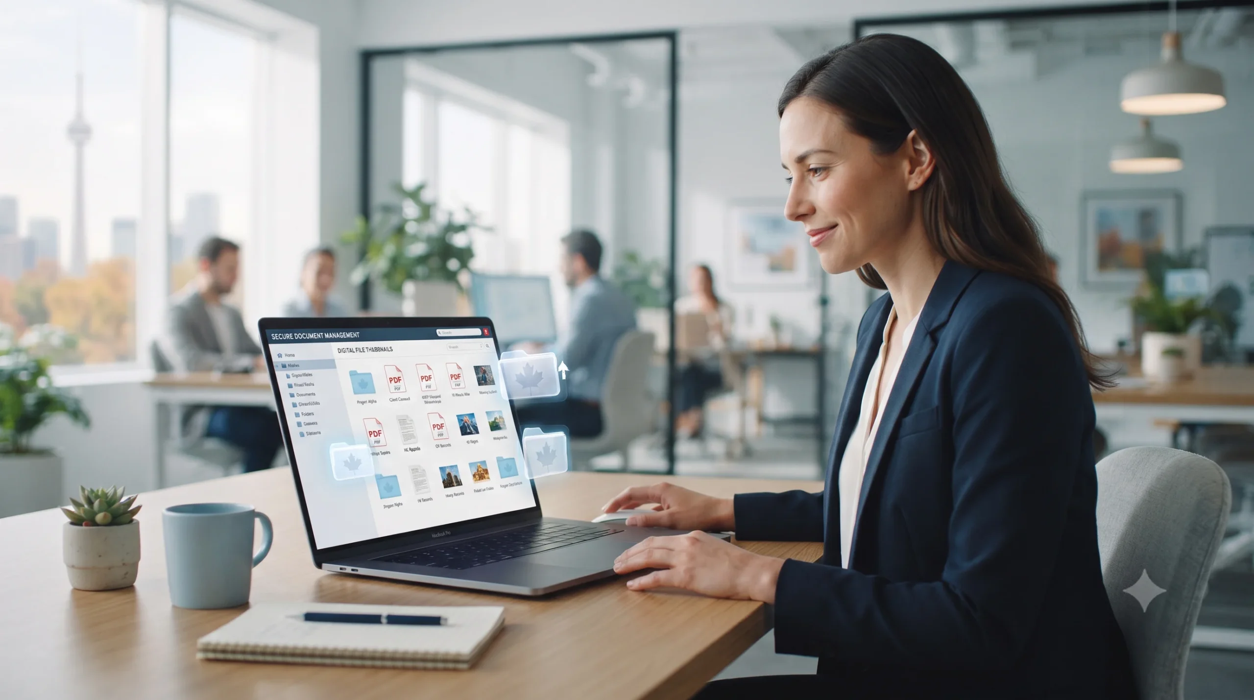 Businesswoman working on a laptop displaying a secure document management dashboard with Canadian maple leaf icons.