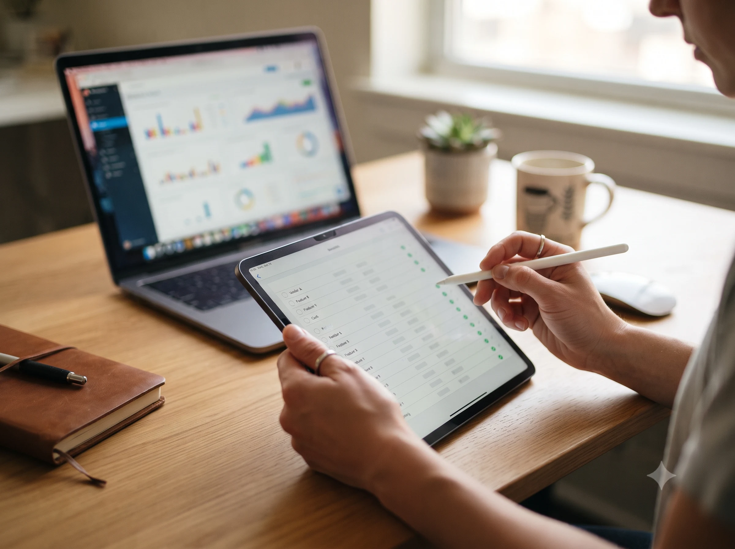 Person using a stylus on a tablet with a checklist interface, sitting at a desk with a laptop displaying charts.