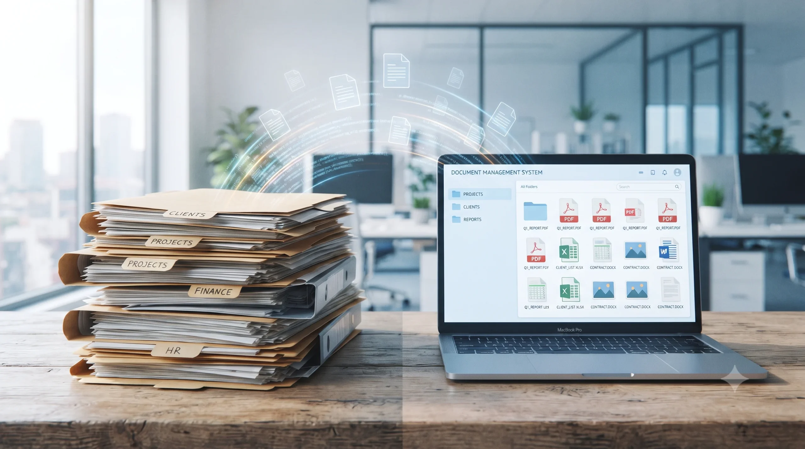 A stack of physical files transitioning digitally into a document management system displayed on a laptop screen.