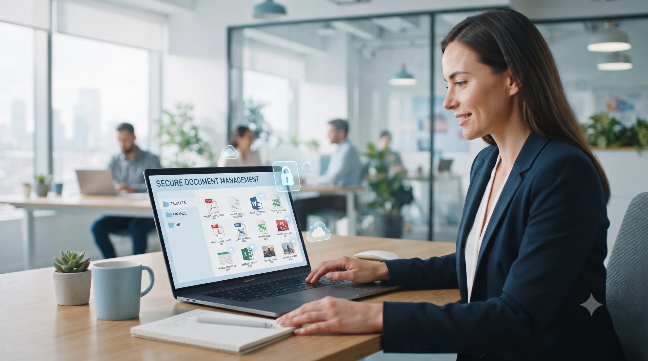 Businesswoman working on a laptop displaying a secure document management system with a padlock icon in a modern office.