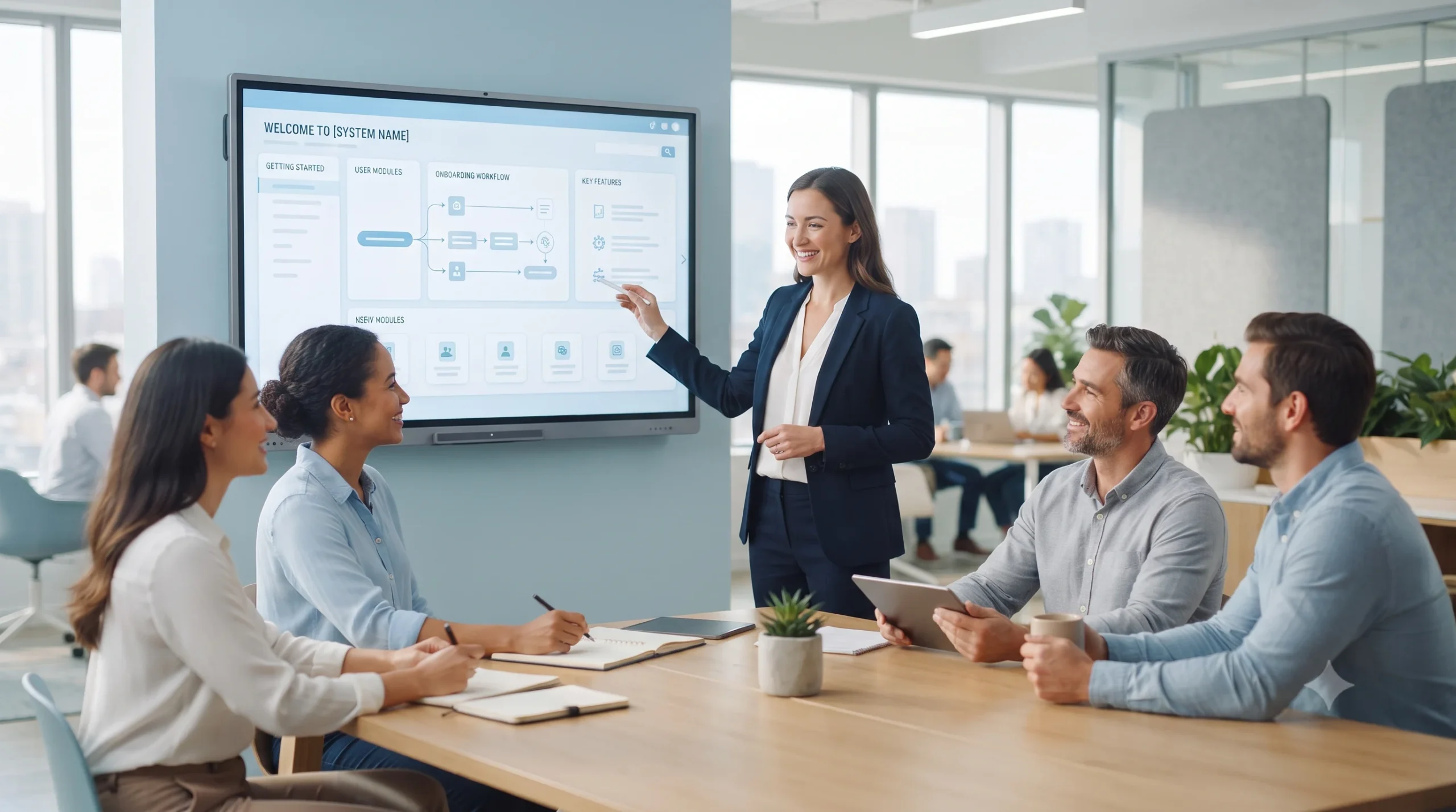 Businesswoman presenting a software onboarding workflow on a large screen to colleagues in a modern office meeting room.