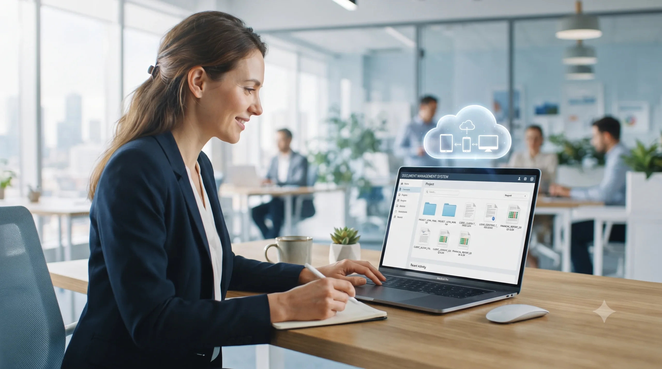 Businesswoman working on a laptop displaying a document management system with a floating cloud sync icon in an office.