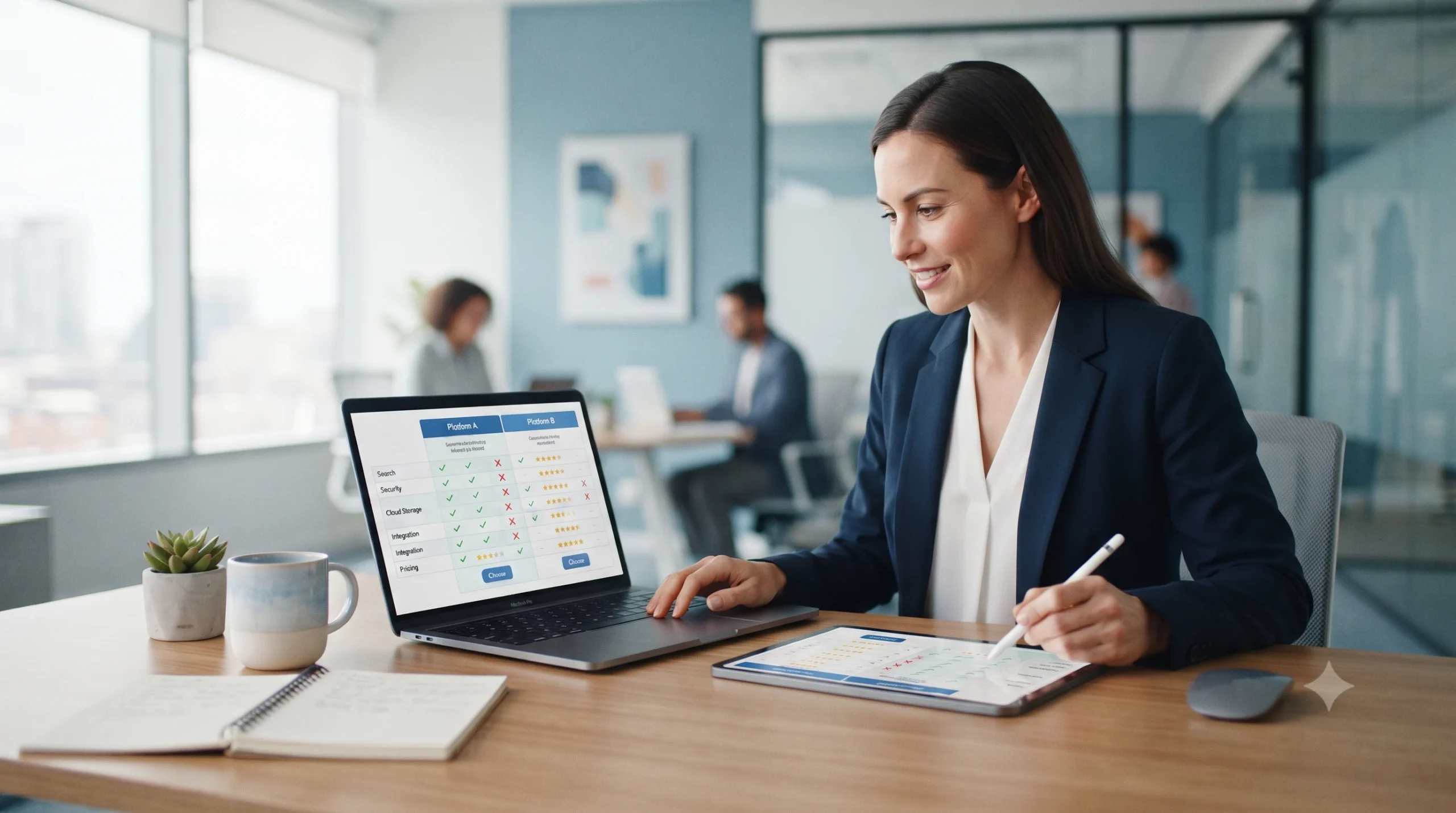 Businesswoman comparing software platforms using a laptop and tablet at her desk in a modern office.