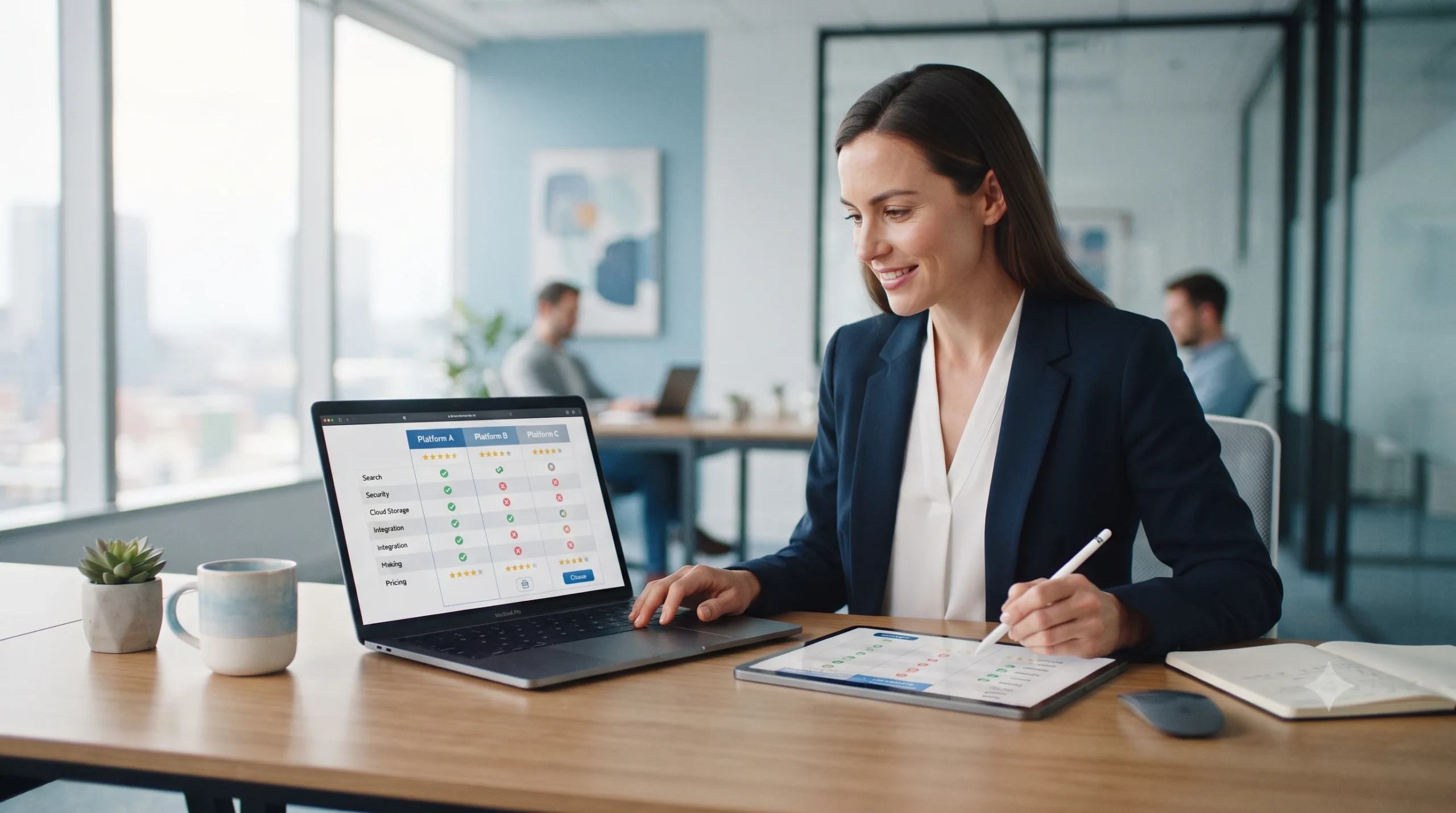 Businesswoman reviewing a software feature comparison table across multiple platforms on a laptop and tablet in an office