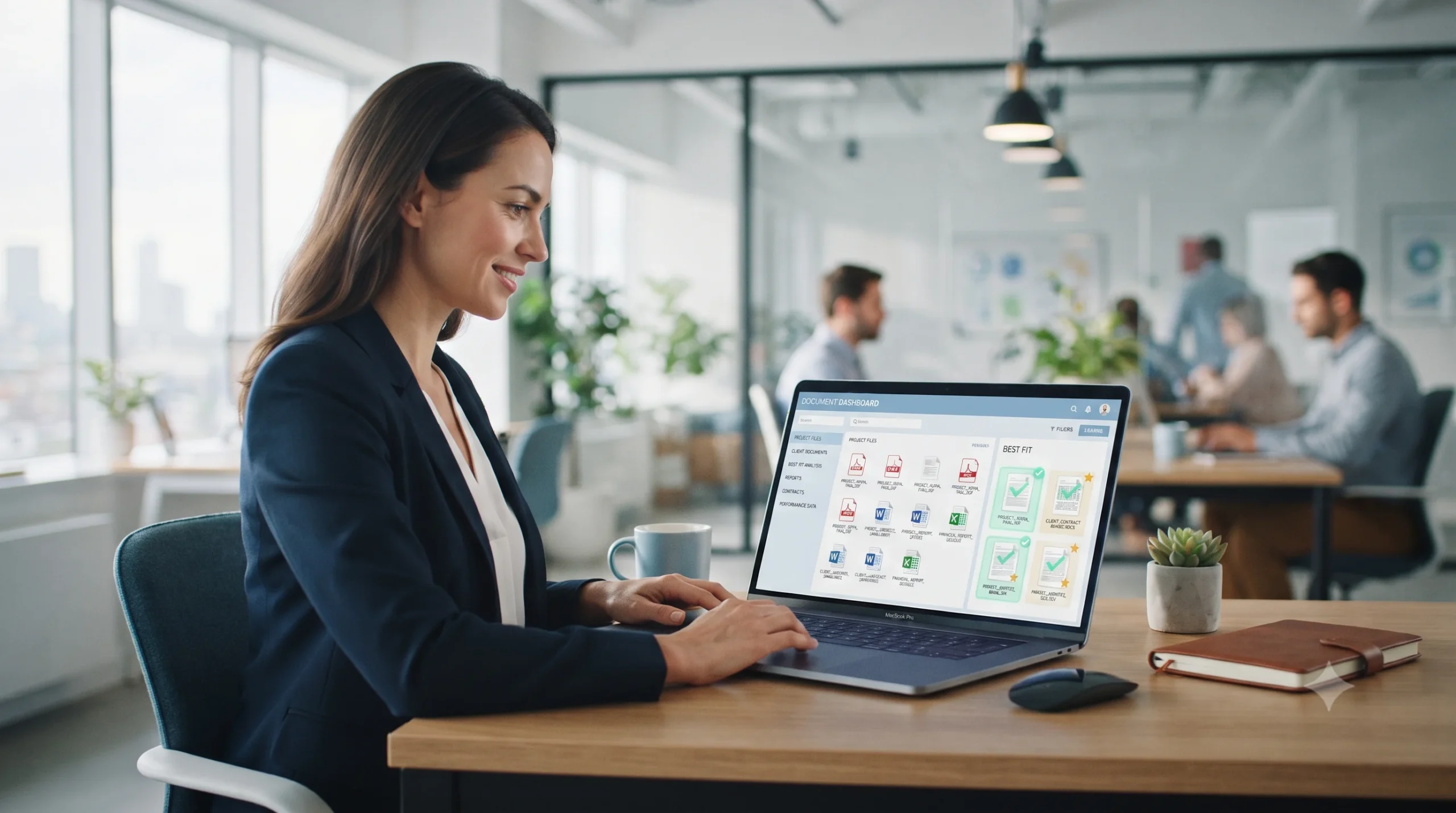 Businesswoman working on a laptop displaying a document dashboard with file organization in a modern office.