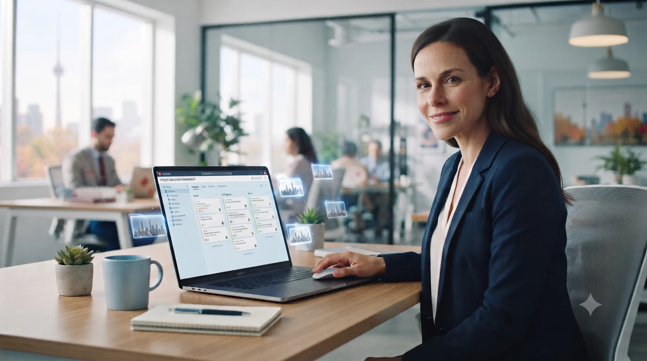 Businesswoman working on a laptop displaying a project dashboard with floating digital windows in an office.
